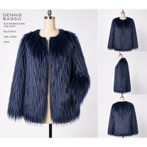 Dennis Basso Womens Faux Mongolian Fur Coat Blue Bliss Hook Closure Large NWT